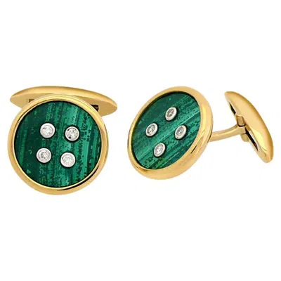 Pre-owned Unbranded Green Malachite & White Diamond 18k Yellow Gold Button Cufflinks