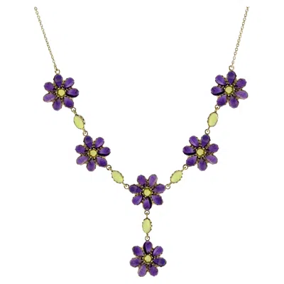 Pre-owned Unbranded Green Peridot & Violet Amethyst Vintage Style Floral Bib Princess Gold Necklace In Purple