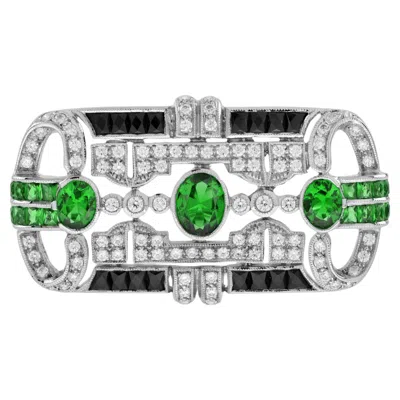 Pre-owned Unbranded Green Tsavorite & Black Onyx Diamond Art Deco Style 14k White Gold Pin Brooch