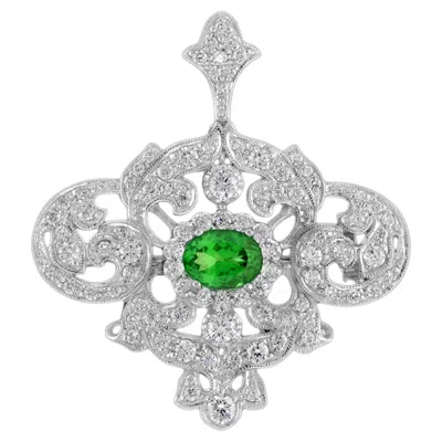 Pre-owned Unbranded Green Tsavorite & Diamond Pave Antique Style Brooch Pin Pendant White Gold Set