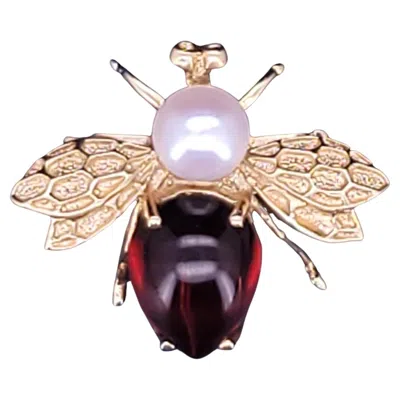 Pre-owned Unbranded Hand Made Antique Bee 14k Yellow Gold Brooch With Garnet And Pearl