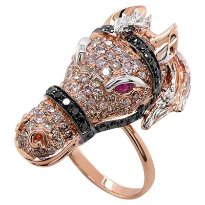 Pre-owned Unbranded Horse Stallion Pony Diamond Pave & Ruby 18k Rose White Gold Black Diamond Ring