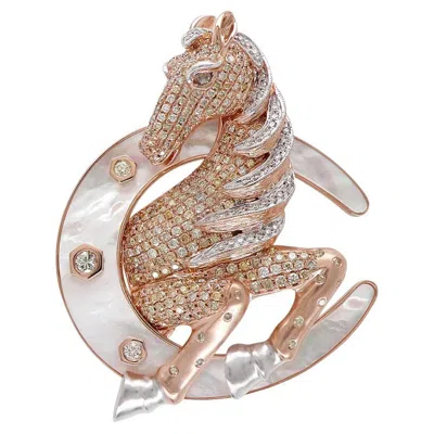 Pre-owned Unbranded Horse Stallion Pony Diamond Pave Pearl 18k Rose & White Gold Pin Brooch