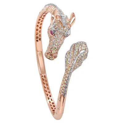 Pre-owned Unbranded Horse Stallion Pony Diamond Pave Ruby 18k Rose & White Gold Bracelet Bangle