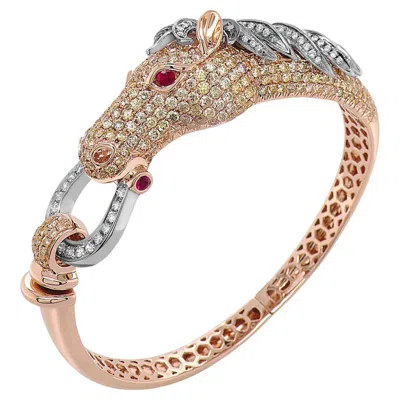 Pre-owned Unbranded Horse Stallion Pony Diamond Pave Ruby 18k Rose & White Gold Bracelet Bangle