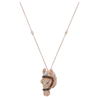 Pre-owned Unbranded Horse Stallion Pony Diamond Pave Ruby 18k Rose & White Gold Pendant Necklace