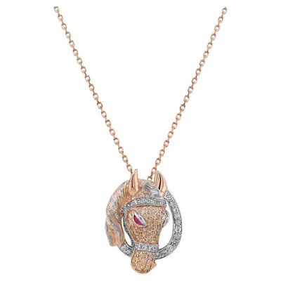 Pre-owned Unbranded Horse Stallion Pony Diamond Pave Ruby 18k Rose & White Gold Pendant Necklace