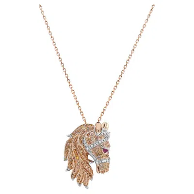 Pre-owned Unbranded Horse Stallion Pony Diamond Pave Ruby 18k Rose & White Gold Pendant Necklace