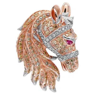 Pre-owned Unbranded Horse Stallion Pony Diamond Pave Ruby 18k Rose & White Gold Ring