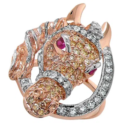 Pre-owned Unbranded Horse Stallion Pony Diamond Pave Ruby 18k Rose & White Gold Ring