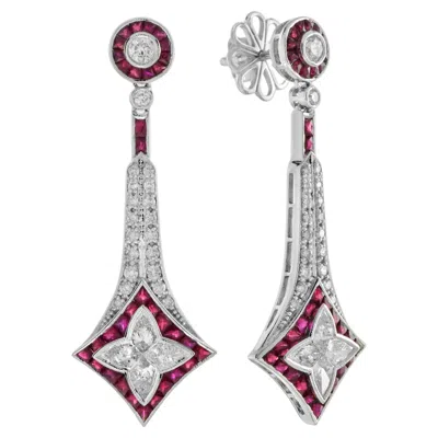 Pre-owned Unbranded Illusion Lily Cut Diamond & Red Ruby Vintage Style Drop 18k White Gold Earrings