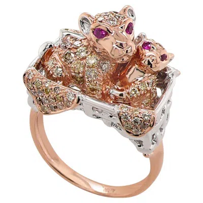 Pre-owned Unbranded Leopards Lions Cat Kitten Cubs Fancy Diamond Ruby 18k Rose Gold Animal Ring In Red
