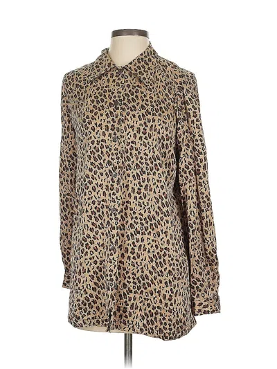 Pre-owned Unbranded Long Sleeve Silk Top Brown Animal Print Pattern High Neck Tops