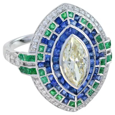 Pre-owned Unbranded Marquise Diamond & Emerald Sapphire Art Deco Style Halo White Gold Ring