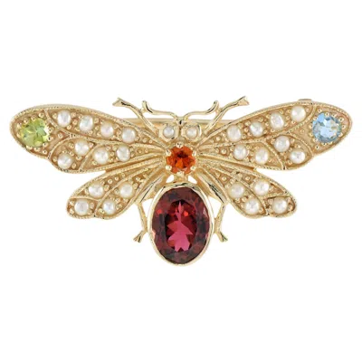 Pre-owned Unbranded Multi Color Tourmalines & Pearl Victorian Style Bee 14k Yellow Gold Pin Brooch