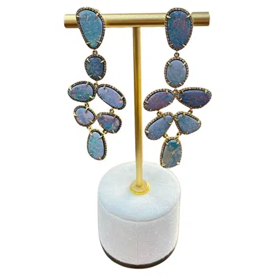 Pre-owned Unbranded Multi Fancy Shape White Blue Boulder Opals Diamond Halo 18k Gold Drop Earrings