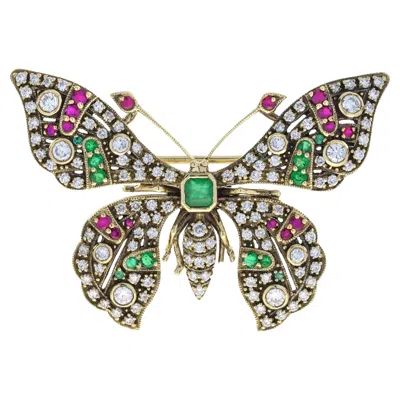 Pre-owned Unbranded Multi Gemstones Vintage Style Butterfly 14k Yellow Gold Pin Brooch