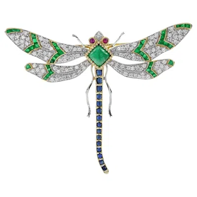 Pre-owned Unbranded Multi Green Emerald Blue Sapphire Diamond Vintage Style Gold Dragonfly Brooch