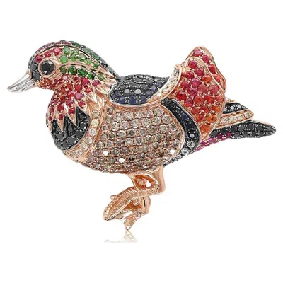Pre-owned Unbranded Multicolor Gemstone & White Black Diamond Pave Duck Goose Rose Gold Pin Brooch