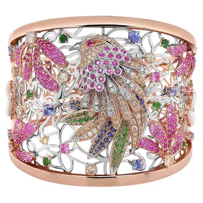 Pre-owned Unbranded Multicolor Sapphire & Diamonds Garnets Eagle Bird 18k Rose Gold Bracelet Bangle In Red