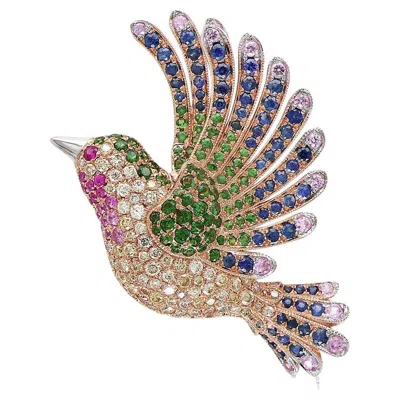 Pre-owned Unbranded Multicolor Sapphire & Gemstone Diamond Pave Dove Bird 18k Rose Gold Pin Brooch In Red