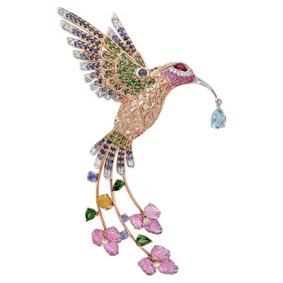 Pre-owned Unbranded Multicolor Sapphire & Gemstone Diamond Pave Hummingbird Rose Gold Pin Brooch In Red