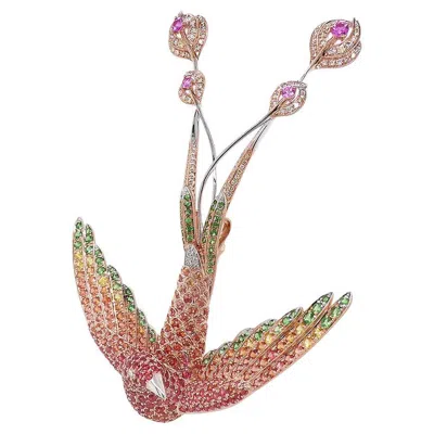 Pre-owned Unbranded Multicolor Sapphire & Orange Diamond Pave Longtail Bird Rose Gold Pin Brooch In Red