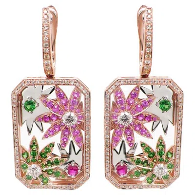 Pre-owned Unbranded Multi-colour Sapphire & Fancy Diamond Flower Floral 18k Rose Gold Earrings In Red