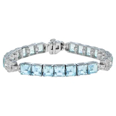 Pre-owned Unbranded Natural Square Blue Topaz & Diamond 14k White Gold Tennis Line Bracelet