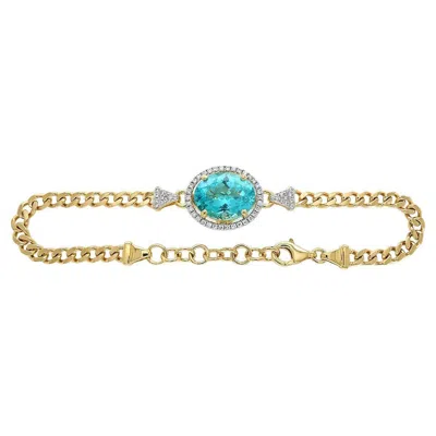 Pre-owned Unbranded Neon Blue Apatite & White Diamond 18k Yellow Gold Oval Shape Charm Bracelet
