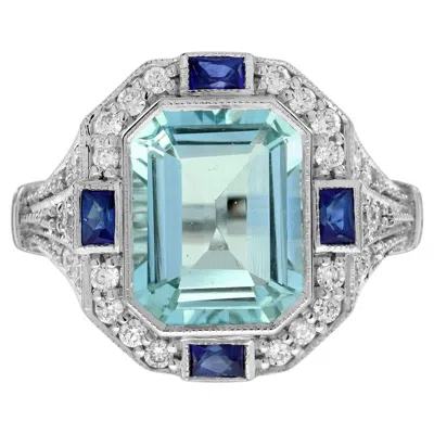 Pre-owned Unbranded Octagon Blue Aquamarine & Sapphire Diamond Art Deco Style White Gold Ring
