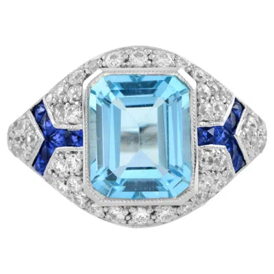Pre-owned Unbranded Octagon Cut Blue Topaz & Diamond Sapphire Art Deco Style 14k White Gold Ring