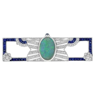 Pre-owned Unbranded Opal & Blue Sapphire Diamond Art Deco Style Openwork Pin White Gold Brooch