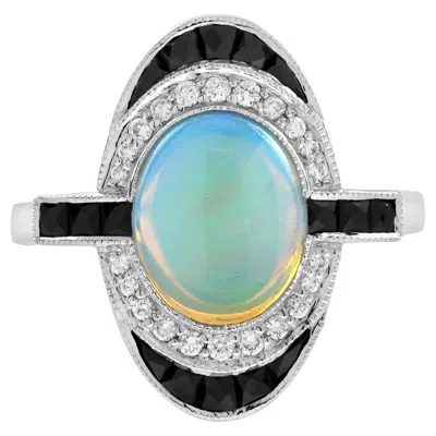 Pre-owned Unbranded Opal & Onyx Diamond Art Deco Style Cocktail White Gold Ring