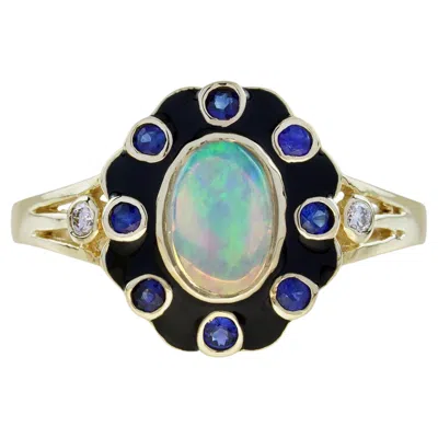 Pre-owned Unbranded Opal Blue Sapphire Diamond Art Deco Style Floral Yellow Gold Ring