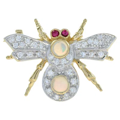 Pre-owned Unbranded Opal Diamond Ruby Antique Style Honey Bee 18k Yellow White Gold Pin Brooch