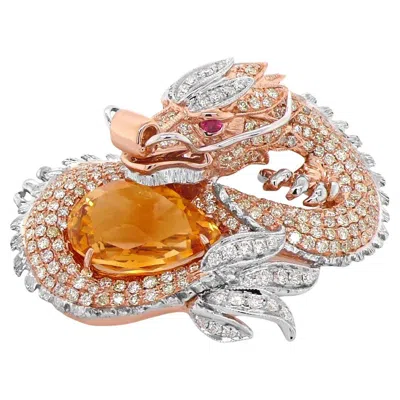 Pre-owned Unbranded Orange Citrine & Diamond Pave And Ruby 18k Rose White Gold Animal Pin Brooch