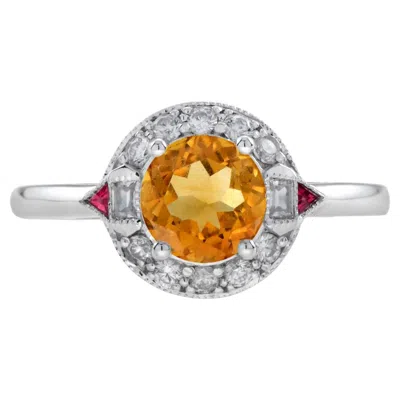 Pre-owned Unbranded Orange Citrine Diamond & Red Ruby Art Deco Style Halo 14k White Gold Ring