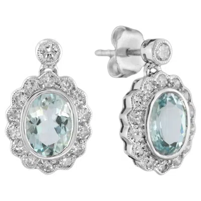 Pre-owned Unbranded Oval Aquamarine & Diamond Halo Set Antique Style Drop 14k White Gold Earrings