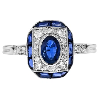 Pre-owned Unbranded Oval Blue Sapphire & Diamond Halo Art Deco Style Engagement 14k White Gold Ring