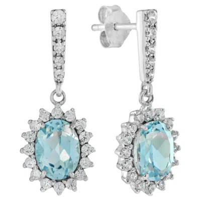 Pre-owned Unbranded Oval Blue Topaz & Diamond Halo Drop 14k White Gold Drop Dangle Earrings