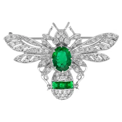 Pre-owned Unbranded Oval Cut Green Emerald & Diamond Vintage Inspired Antique Style Bee Pin Brooch