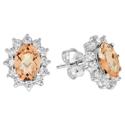 Pre-owned Unbranded Oval Peach Orange Morganite & Diamond Halo Stud 14k White Gold Earrings