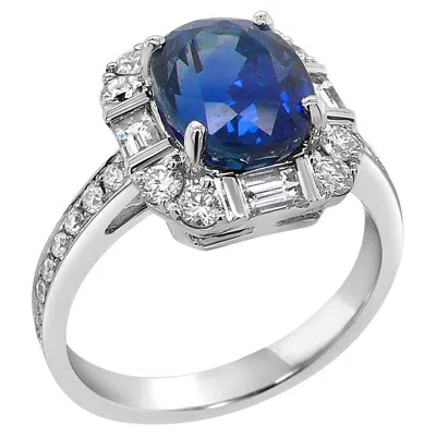 Pre-owned Unbranded Oval Shape Blue Sapphire & Baguette White Diamond 18k White Gold Halo Ring
