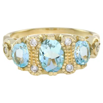 Pre-owned Unbranded Oval Shape Blue Topaz & Diamond Vintage Style Three Stone 9k Yellow Gold Ring