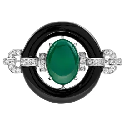 Pre-owned Unbranded Oval Shape Green Agate & Black Onyx Diamond Art Deco Style White Gold Pin Brooch