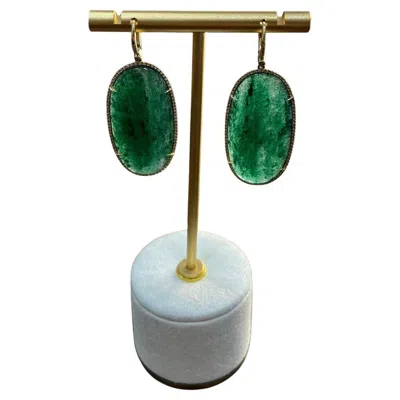 Pre-owned Unbranded Oval Shape Green Aventurine Brown Diamond Halo 14k Yellow Gold Dangle Earrings