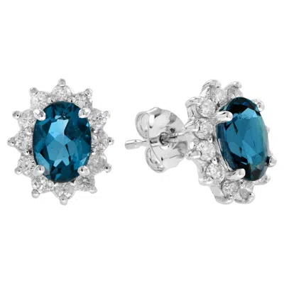 Pre-owned Unbranded Oval Shape London Blue Topaz & Diamond Halo 14k White Gold Stud Earrings