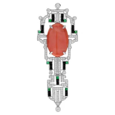 Pre-owned Unbranded Oval Shape Red Coral & Diamond Onyx Art Deco Style 14k White Gold Pin Brooch