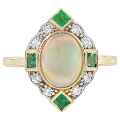 Pre-owned Unbranded Oval White Australian Opal Emerald Diamond Art Deco Style Halo 14k Gold Ring